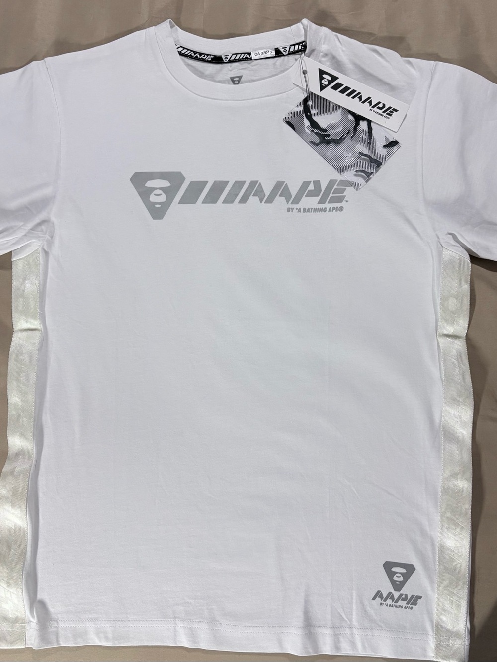 Bape White Short Sleeve Logo Tee with Gray Accents